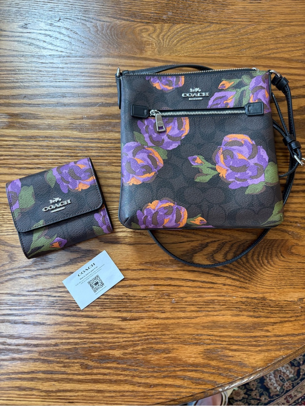 COACH Brown Floral Crossbody with Purple and Orange Roses